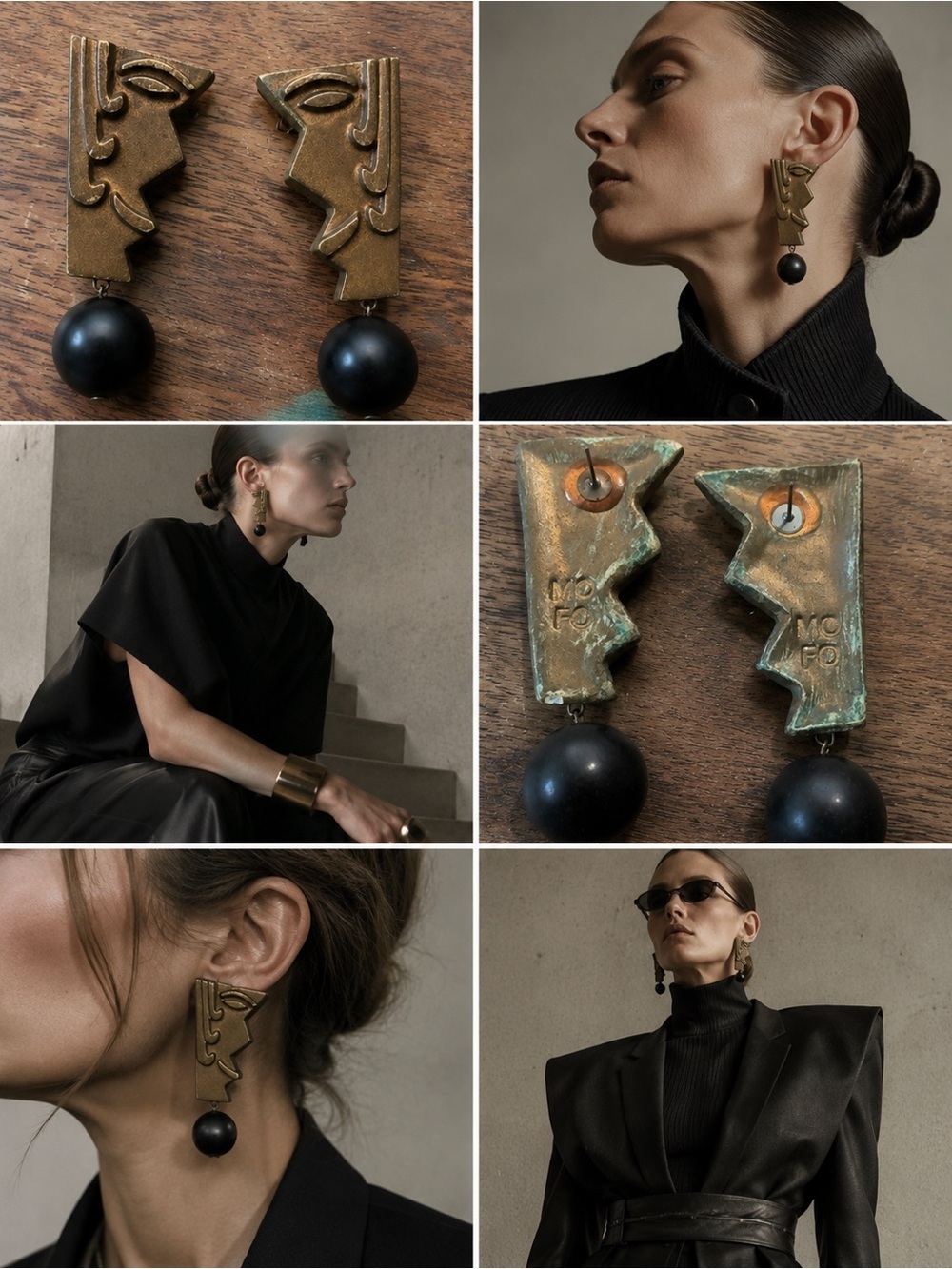 Vintage Modernist Abstract Face Statement Earrings Brass Black Orb Wearable Art